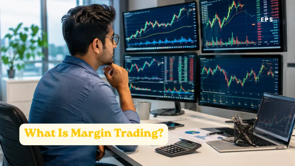 Professional trader analyzing stock market charts on multiple monitors
