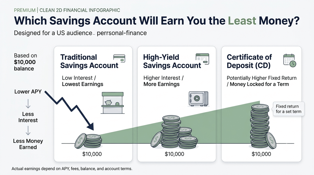Comparison of traditional savings, high-yield savings, and CD accounts showing how APY affects the amount of interest earned.