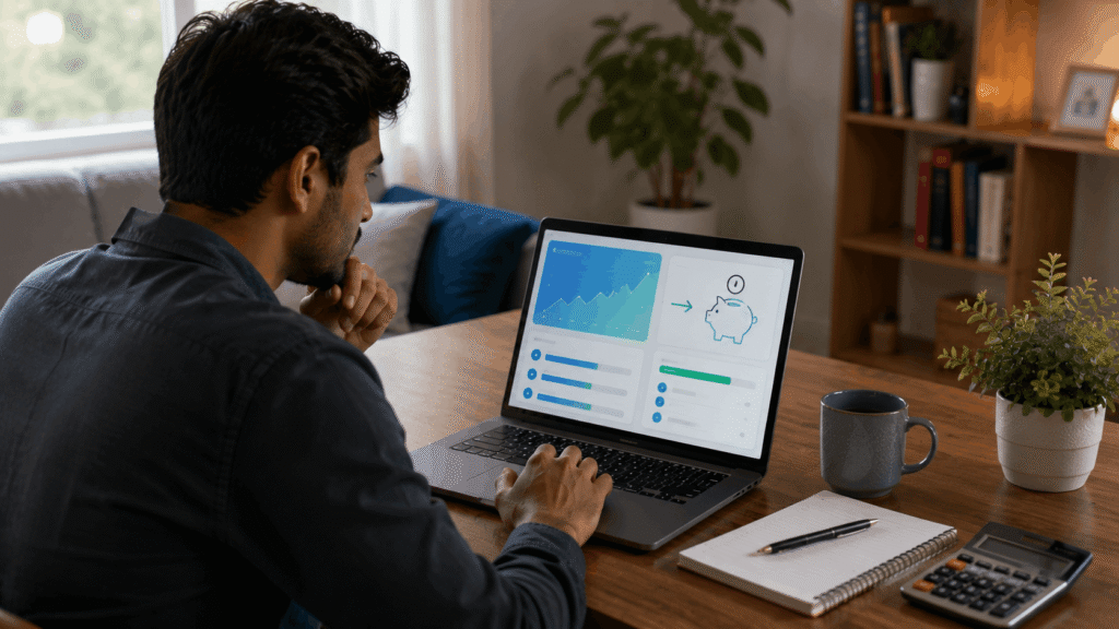 Person reviewing monthly expenses and savings